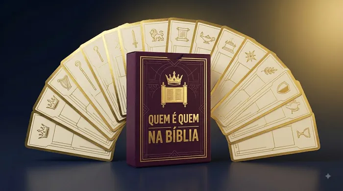 Caixa Quem é quem na Bíblia com o baralho aberto em leque, cada carta com um emblema dourado