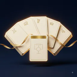 Baralho de cards de resumo em papel creme com emblemas dourados, um para cada livro da Bíblia