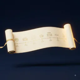 Pergaminho desenrolado com a linha do tempo da Bíblia impressa em dourado, do Éden ao Apocalipse