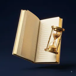 Caderno de missão diária aberto, com lista de marcações douradas, ao lado de uma ampulheta de latão